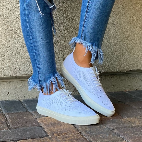 White Lace Up Brogue Fabric Knit Oxford Sneakers - Picture 15 of 16